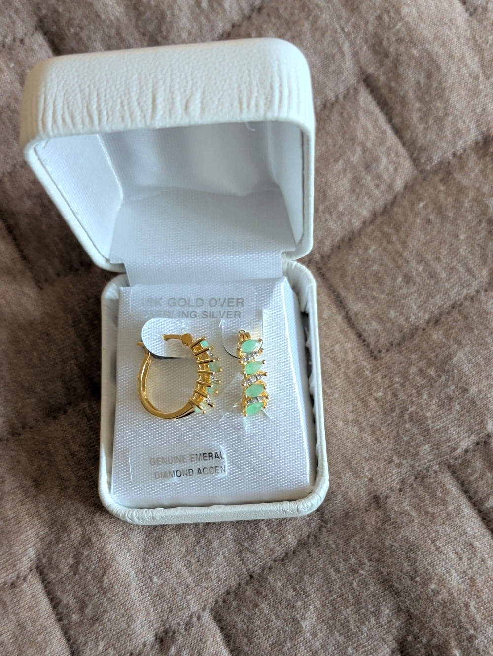 Gold Over Silver Emerald Accent Huggie Earrings